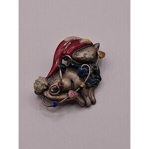 Vintage TC Signed Christmas Cat Brooch Green Rhinestone Eyes Red Enamel Hat